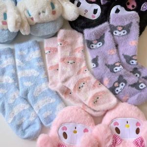 TSEVD Warm Melody Socks Cartoon Plush Kuromi Socks Kawaii Comfortable Sleeping Socks Birthday Gift