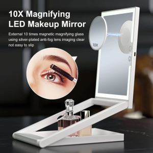 New multi-functional desktop portable folding led cosmetic mirror with storage box 10 times magnification height angle