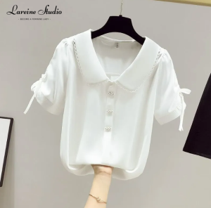 LAREINE Áo Sơ Mi Nữ Phong Cách Pháp Mùa Hè 2022 Áo Sơ Mi Voan Tay Bồng Cổ Búp Bê