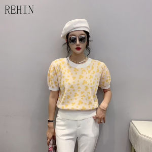 REHIN Womens top Fashionable age-defying short-sleeved T-shirt summer niche design casual loose pullover knit blouse