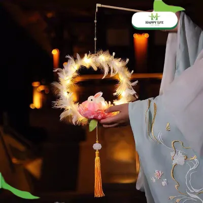 Lồng Đèn Thỏ Ngọc DIY Có LED – Đèn Lồng Trung Thu Thỏ Lông Vũ Tự Lắp Cầm Tay Trang Trí