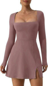 ＜1207＞   hot 2024 European and American Womens Clothing Womens Square Collar Corset Long Sleeve Slit Flared  Dress