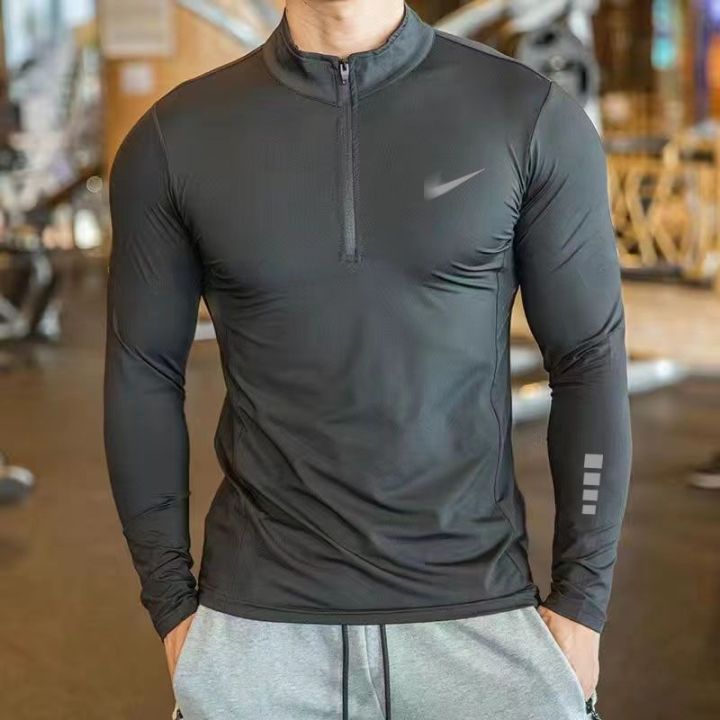 Cheap Men Half Zipper High Neck Sport Long Sleeve Compression Quick Dry T  Shirt Fitness Running Shirts Workout Tops