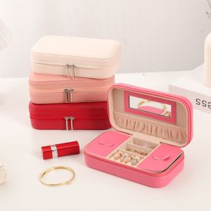 CUBBY Solid Color Jewelry Box Double Layer PU Jewelry Display Box Simple with Mirror Zipper Stotage Boxes for Home