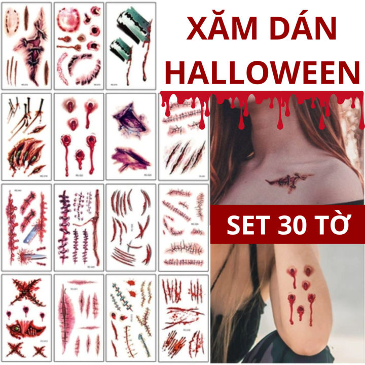Xăm Dán Kinh Dị Hoá Trang Chủ Đề Halloween Hình Vết Thương, Vết Khâu, Máu Meo, Giòi, Bàn Tay, Xương