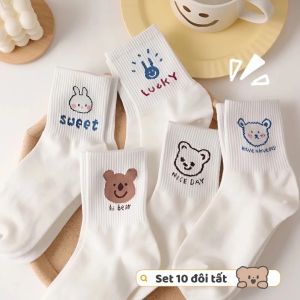 Vớ Cotton Cao Cấp – Set 10 Đôi – Tất Cổ Cao Bền Đẹp Không Xù Lông Hình Gấu Thỏ Dễ Thương