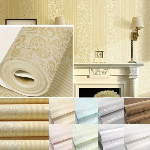 KINGTR 9.5M Sculptured Patterns Wallpaper Non-self-adhesive Non-woven 3D Wall Stickers Modern Solid Color White Vertical Stripe Wallpaper for Living Room