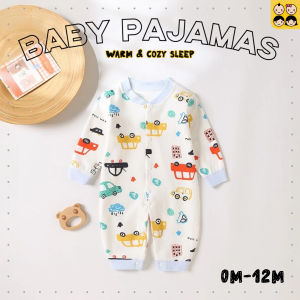 0m-12m Full Cover Baby Pajamas 100% Cotton Middle Button Long Sleeve Aircon Wear One Piece Jumpsuit Baby Clothing Newborn Baby Boy Baju Baby Girl