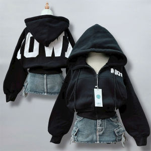 Áo Khoác Nữ nỉ dày logo nổi NO1 Kiểu Lửng Croptop Hoodie Zip Túi Trong tay dài Dây Kéo Phao Top áo chống nắng thu đông