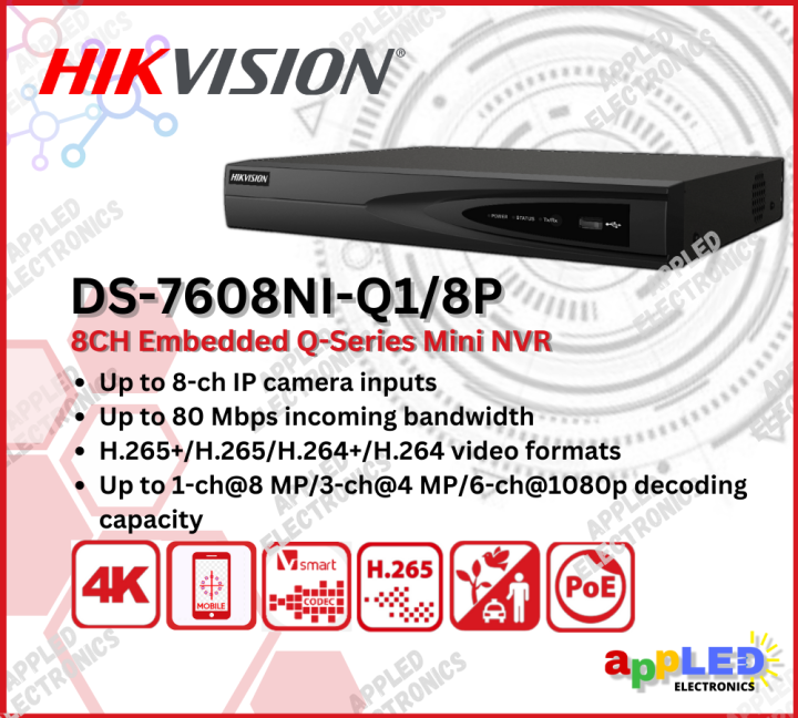 Hikvision DS-7608NI-Q1/8P 8CH 1U PoE 4K NVR with Built-in PoE  Interfaces Lazada PH