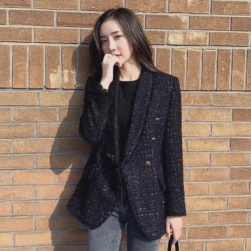 Tweed Blazer Thick Blazer Coat Women Blazer Jacket Black Tweed