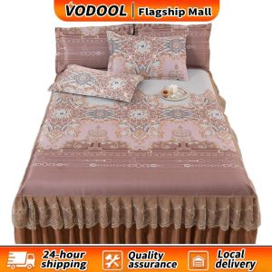 【Fast delivery】 Elegant 3-Piece Ice Silk Bedding Set with Ruffle Bed Skirt and Pillowcases Perfect for Wedding and Home Use Machine Washable