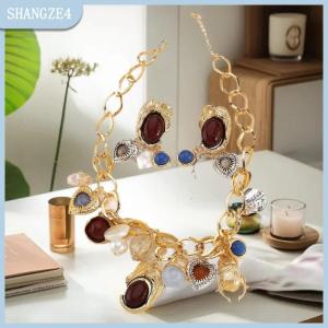 【SHANGZE4】 Retro Luxuriou Vòng Cổ Bông Tai Set Bohemian Nhựa Đá Quý Đính Cườm Đồ Trang Sức Cho Phụ Nữ Đảng Quà Tặng