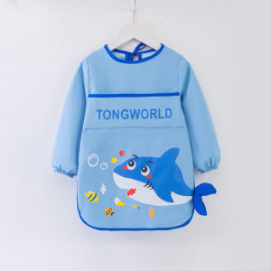 Kids Waterproof Apron With Sleeves Dinosaur Print Adjustable Neck Pocket Smock For Cooking Painting Baking Easy Clean