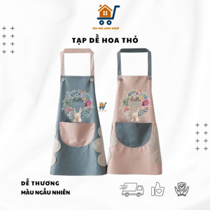 Tạp Dề Hoa Thỏ Có Túi Chống Bám Bẩn Chống Nước Có Khăn Lau Tay 2 Bên Dễ Thương Dày Dặn