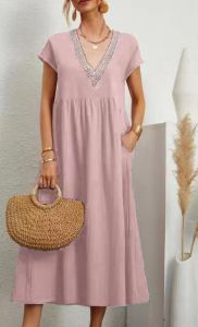 G7 AliExpress European and American Cross-Border New Solid Color Lace V Collared Sleeveless Loose Cotton Linen Pocketed Dress 7/7
