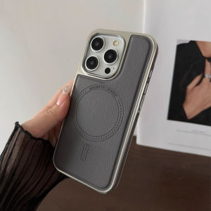 Magne Leather Phone Case for iPhone 17 16 15 Pro Max Luxury Full Coverage Silver Plating Edges Shell Matte Pu Back Cover Capa