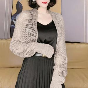 INTOONE Simple Ice Silk Shawl Hollow Elegant Sunscreen Crop Knit Cardigan Womens Fashion Luxury Long Sleeve Smock Top