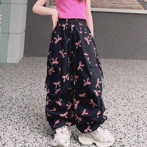 2025 Bow Cargo Pants For Kids Girl 7-15yrs Fashion Print Drawstring Jogging Pants Baggy Pants For Kids Girl Trouser For Kids Girl