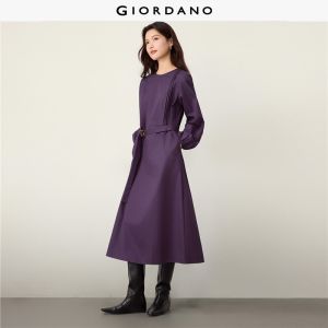 Giordano Women Pintuck placket belted waist maxi dress Free Shipping 05466675