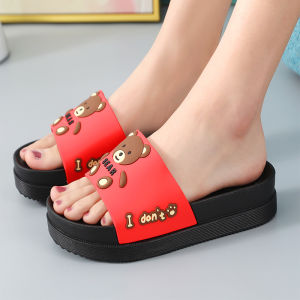 Free Shipping WomenS High-Heeled Slippers Summer Thick-Soled Outdoor Wear Cute Cartoon Bear Design Suitable For Home And Bathroom Non-Slip With A Sloped Heel And Versatile