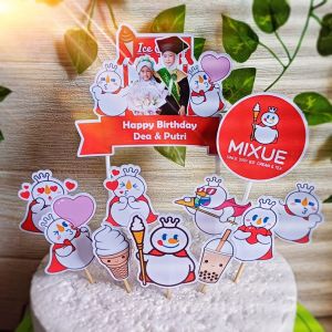 Topper Cake Custom Foto Tema Mixue untuk Hiasan Kue Ulangtahun
