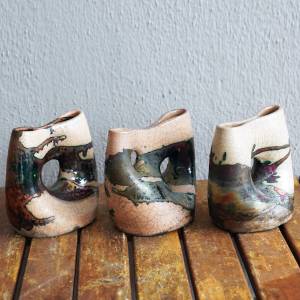 RAAQUU 3 PACK 2x DOKUTSU 1x UMI Raku Art Pottery Vase Handmade Ceramic Home Decor Gift