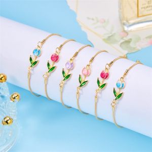 NOBLELYN Copper Lobster Clasp Tulip Flower Bracelet Enamel Colorful Adjustable Chain Flower Charm Bracelet Vintage Aesthetics Elegant Design Enamel Charm Bracelet For Women