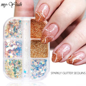 Myyeah 6 Grid/กล่องสี Nail Art Glitter Sequins หลายขนาด UV เจลขัดเงา3D หกเหลี่ยมการตกแต่ง DIY เล็บ