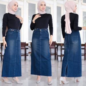 Rok Jeans Span Panjang Jumbo Wanita Theana Denim Skirt Big Size High Waist