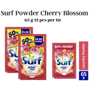 SURF LAUNDRY POWDER ACTIVE CLEAN 12 PCS PER TIE | ROSE FRESH 65 g | SUN FRESH 65 g | CHERRY BLOSSOM 65 g | PURPLE BLOOMS 65 g | KALAMANSI 57 g | TAWAS 57 g | ANTI-BACTERIAL 60 g | SURF FABRIC CONDITIONER BLOSSOM FRESH