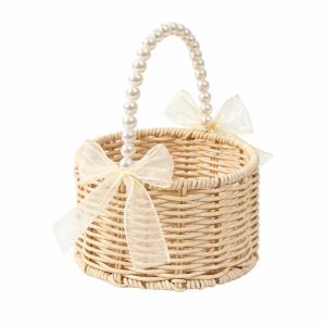 Sacesr Handmade Woven Flower Basket Artificial Natural-Looking Pearl Ribbon Handheld Basket Lightweight Sturdy Z1H5K