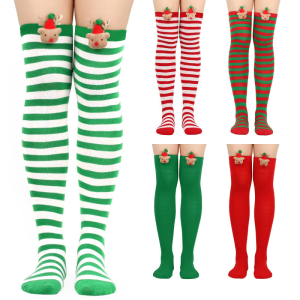 Women Christmas Over Knee Long Socks Cartoon 3D Elk Bowknot Striped Print Thigh High Stockings Holiday Party Hosiery