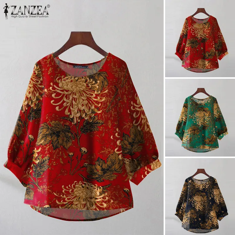 ZANZEA Womens Vintage Crew Neck Floral Printed Blouses Holiday