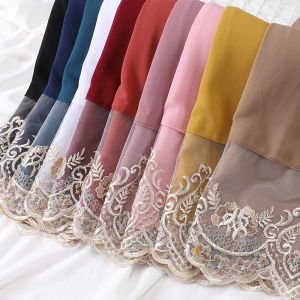Jifang High Quality Women Embroidery Floral Mesh Lace and Bubble Chiffon Patchwork Muslim Hijabs Shawls Pashmina Headscarf WJ880