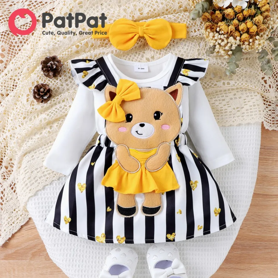 PatPat Baby Dress Girl 3pcs Stripe Bear Pattern Hyper-Tactile 3D