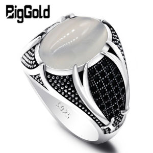 Islamic Mens Ring 925 Sterling Silver Natural White Agate Stone with Black CZ Double Swords Muslim Rings Religious Jewelry Gift