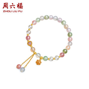 ZHOU LIU FU 周六福 925 sterling Silver Agate Vòng đeo tay đính hạt dễ thương hình hoa nhỏ mặt hình trái tim ngọc trai nước ngọt hạt đá Chalcedony Vòng tay co giãn cho phụ nữ cô gái 17cm j1913705