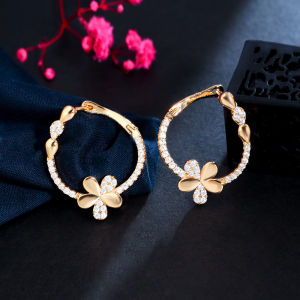SEQUITO Delicate Yellow Gold Color Jewelry Micro Paved Shiny Bling AAAAA Zirconia Crystal Hoop Earrings with Flower Women Clothing Accessories SE862