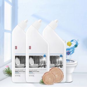 ✯GOOD-SHOP♛ Household Bathroom Cleaner Toilet Bowl and Tile Cleaner 500G Pine Scent. White bottles with pine wood and toilet image. Blue splash and smiley graphic.