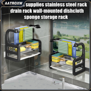 Punch-free Rag Rack Kitchen Supplies Stainless Steel Rack Drain Rack Wall-mounted Dishcloth Sponge Aatroxw