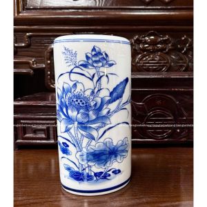 Bộ thờ cúng men xanh lam trắng hoạ tiết hoa sen đẹp - đồ thờ cúng gia tiên thổ công bàn thờ thần tài gốm sứ Bát Tràng