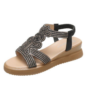 [Free Shipping] WomenS Summer New Korean-Style Rhinestone Open-Toe Thick-Soled Roman Sandals With A Wedge Heel And Large Size