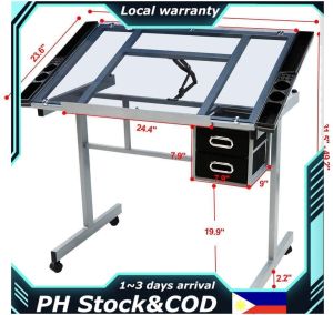【Lightning delivery】Drafting glass table with extra side table drawers and leather padded stool