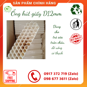100 ống hút giấy phi 12 dài 197mm ống hút trà sữa trân châu màu trắng và màu kraft