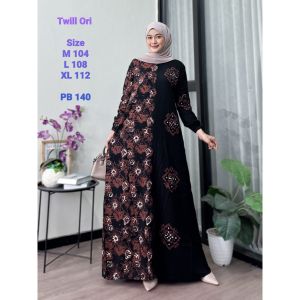 Gamis Batik Twill Lengan Panjang Bahan Premium Motif Cap Model Kancing Depan Tali Samping Motif Kekinian Mewah