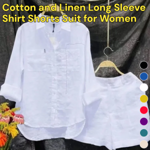Multi-Colored Cotton Linen Suit for Women 2-Piece Summer Long Sleeve Shirt Shorts Outfit with Sun Protection