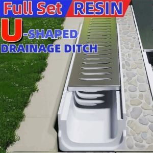 GTRBFDS Resin Drainage Gutter Single/Double Row Heavy Duty Finished Drainage Ditch Outdoor Stainless Steel Cover Linear Drain Kitchen Balcony Courtyard