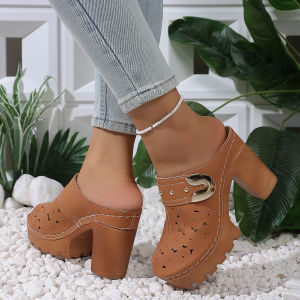 [Free Shipping] Fashionable Plus-Size High-Heeled Sandals For Women Featuring A Thick Sole Chunky Heel And Buckle Detail Perfect For Wearing As Outdoor Roman-Style Sandals