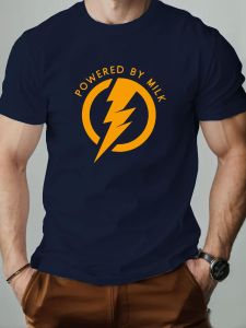 T-Shirt Men 100% Cotton POWERED BY MILK Pattern Print Summer Round Neck Breathable Oversized Tee Casual Fashion Clothing